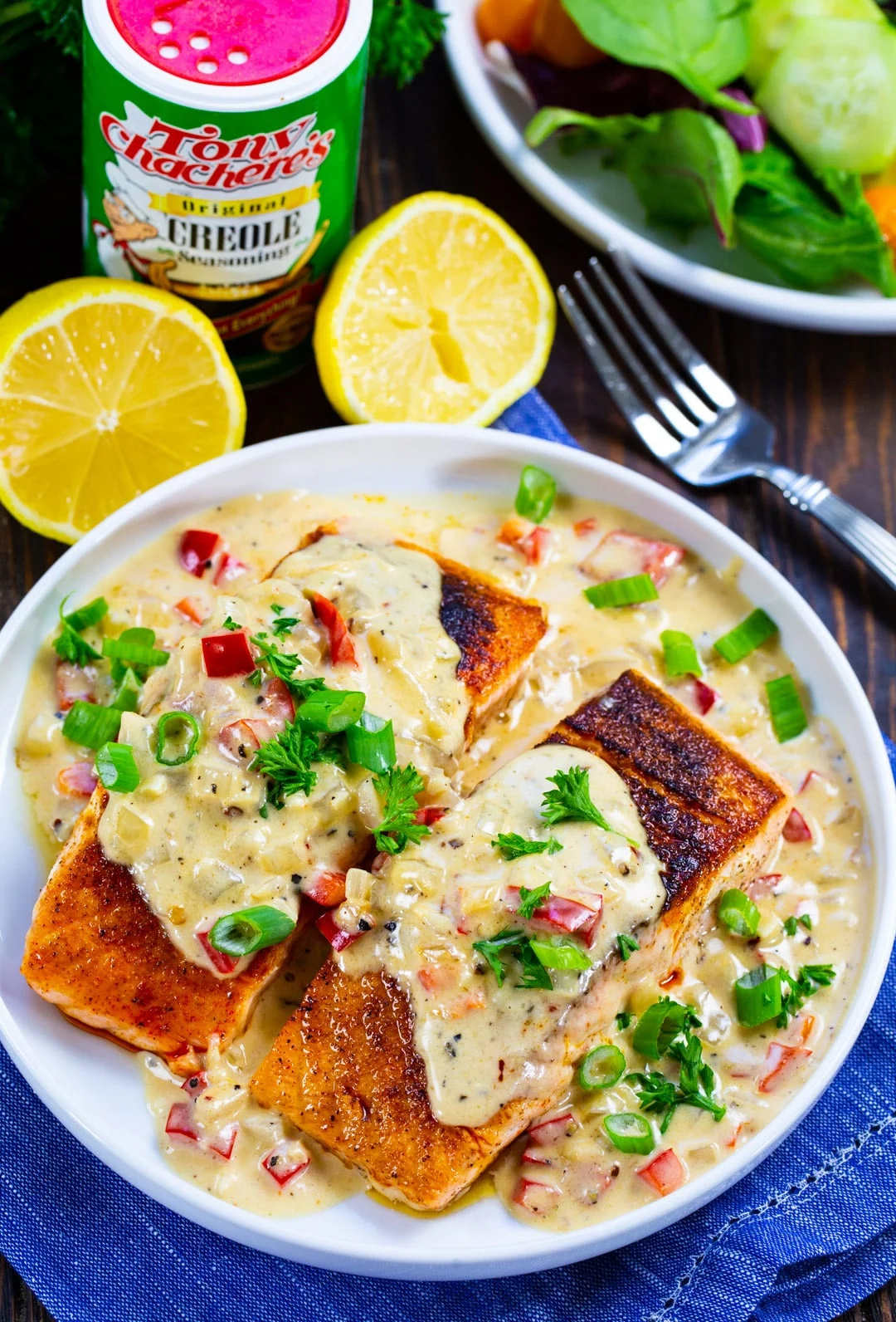 Salmon covered in sauce.