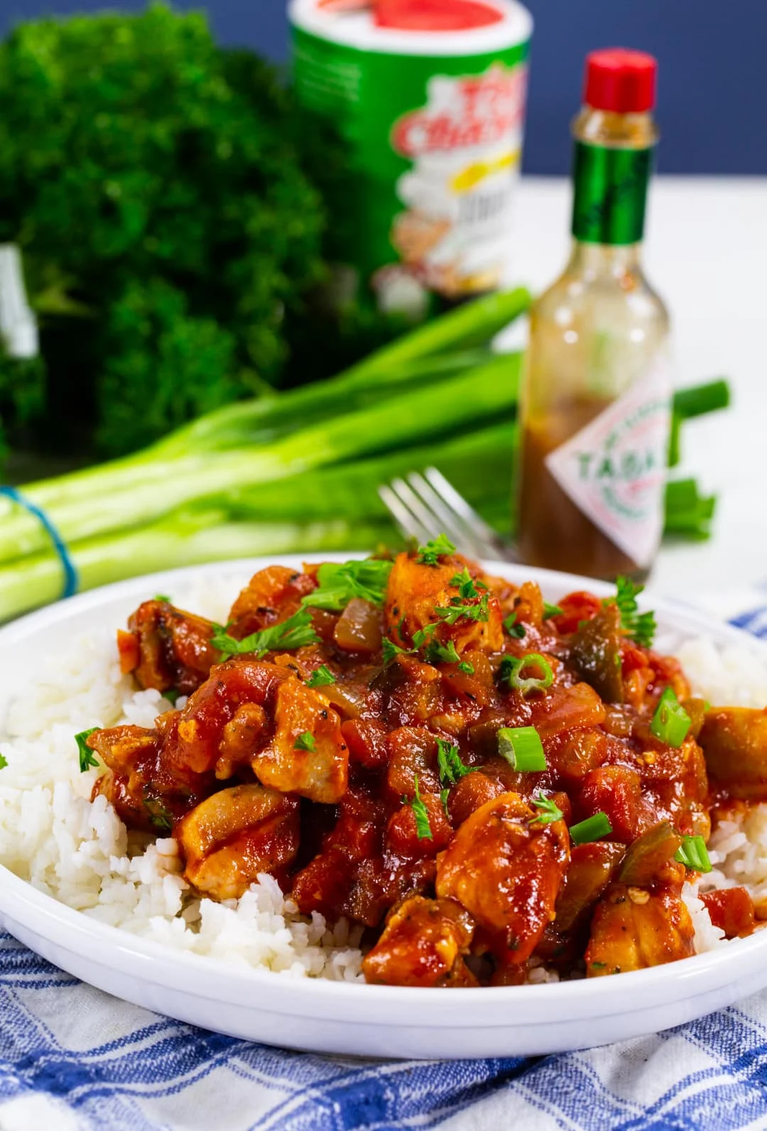 Chicken Creole over rice on a plate.