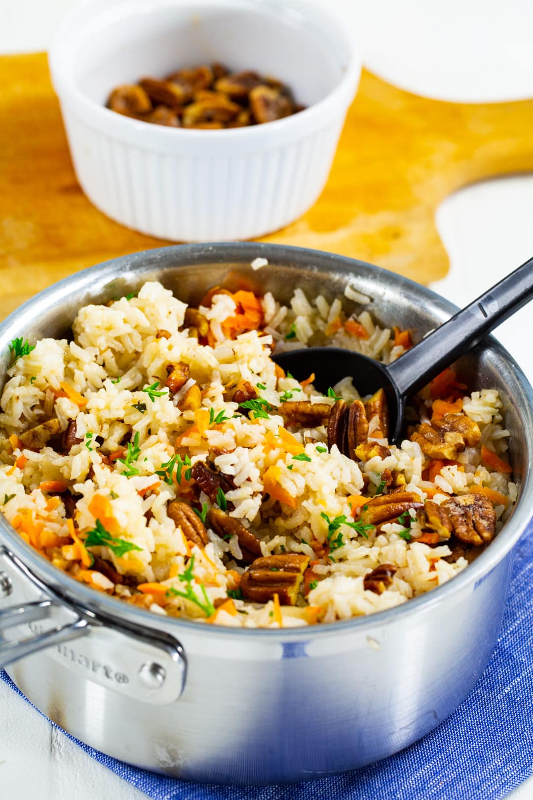 Rice Pilaf with pecans in a pot.