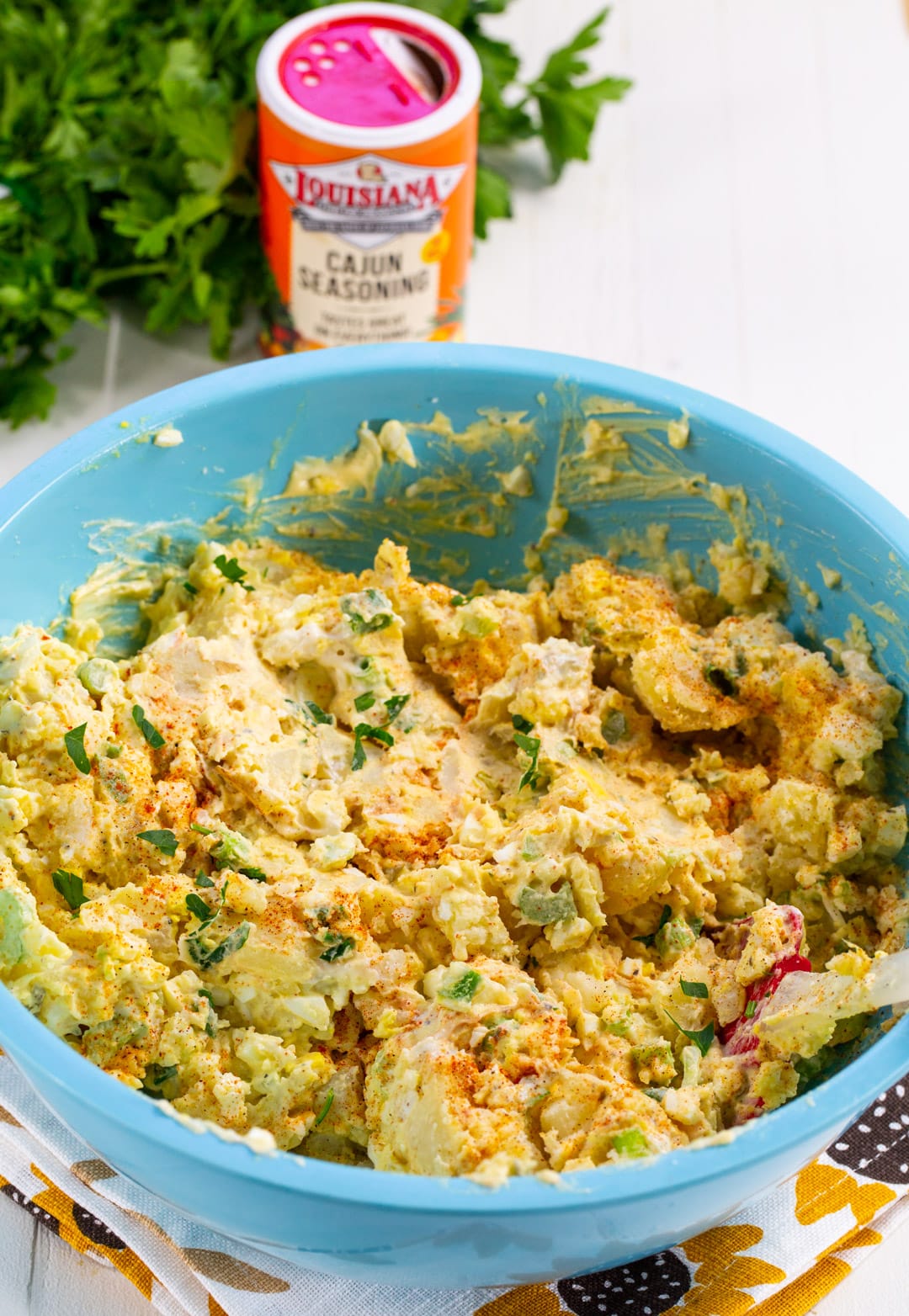 Potato Salad in a mixing bowl.