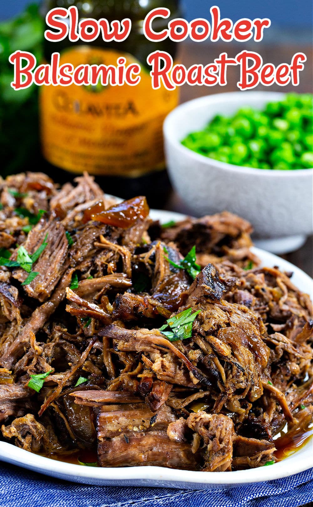 Crock Pot Balsamic Roast Beef on serving platter.
