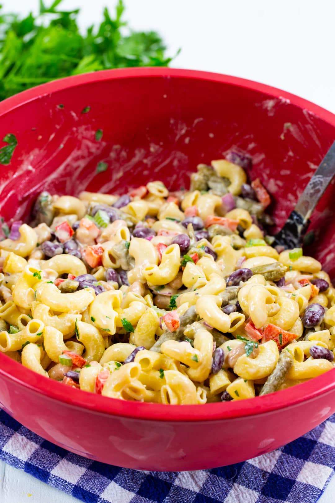 Pasta Salad in mixing bowl.