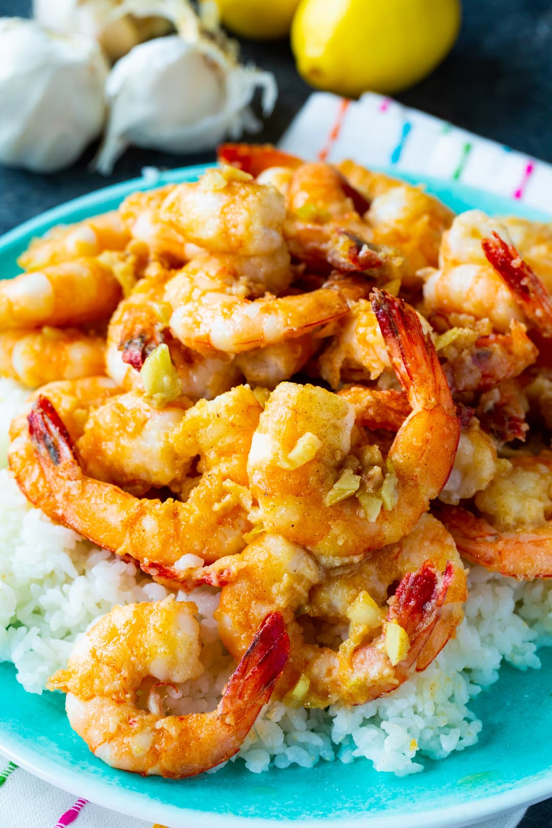 Hawaiian Garlic Shrimp served over rice.