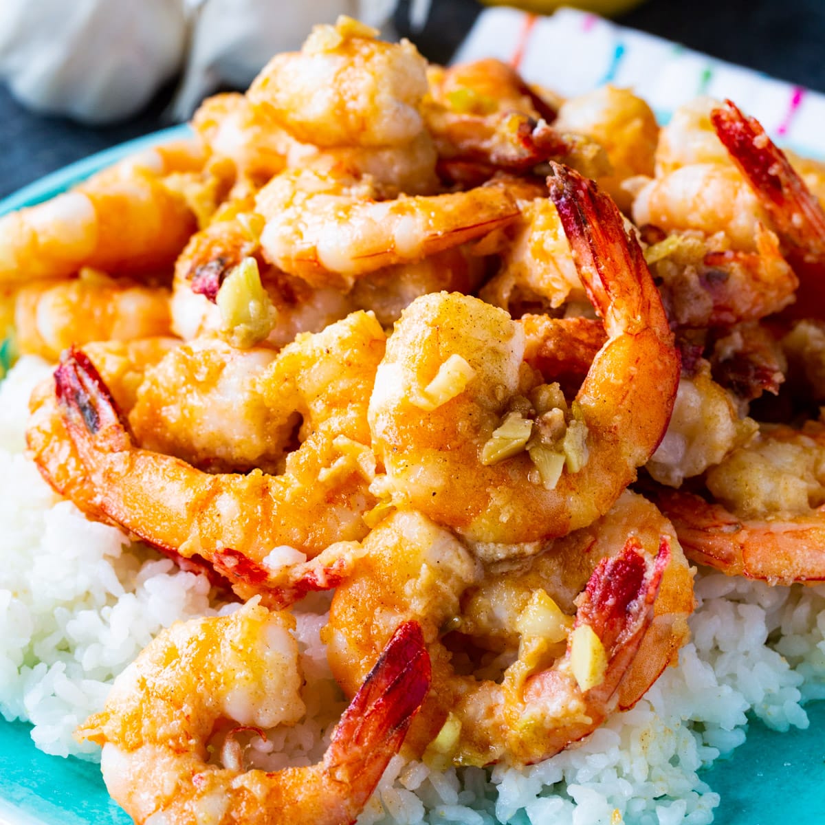 Hawaiian Garlic Shrimp served over white rice.