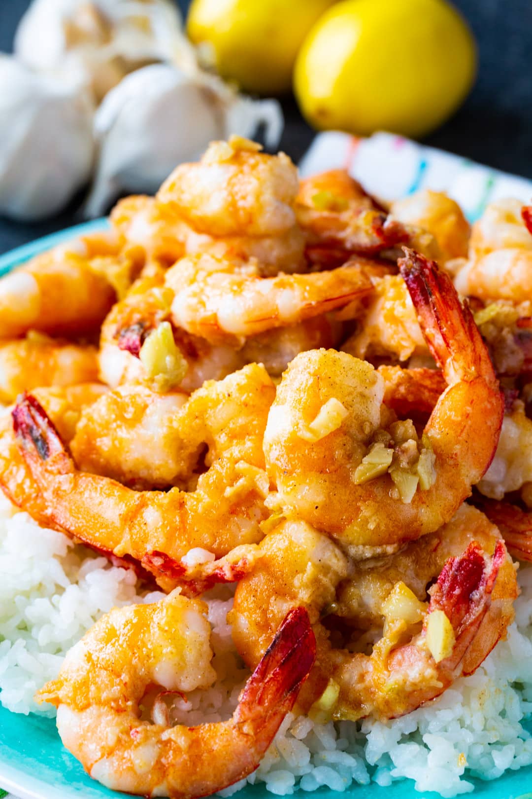 Hawaiian Garlic Shrimp served over rice.