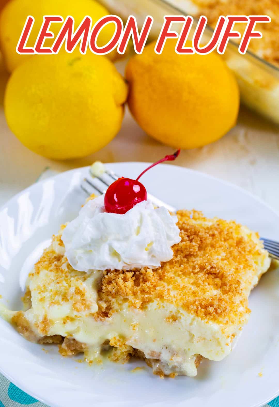 Slice of Lemon FLuff on a plate.