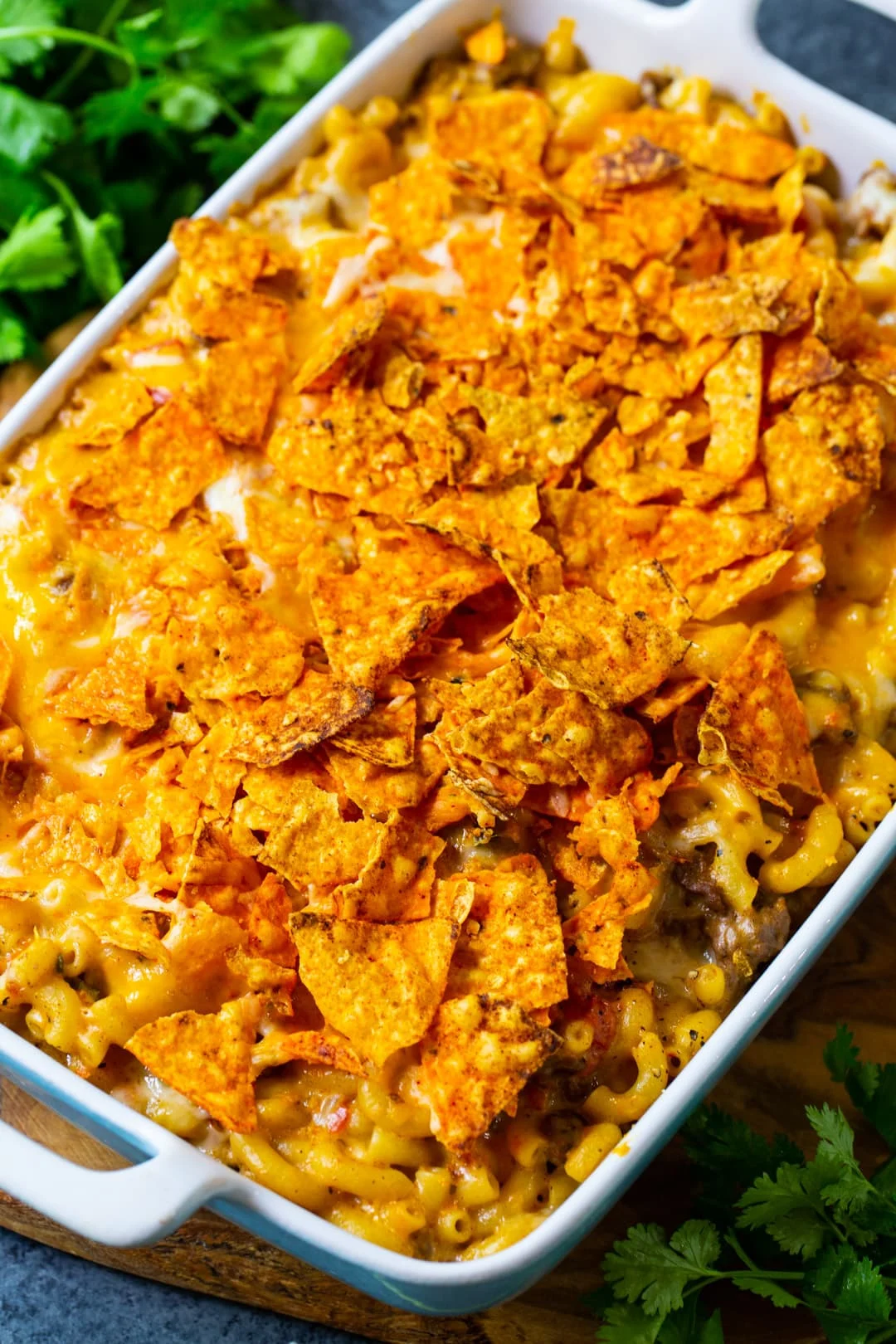 Msac and cheese with dorito topping in baking dish.