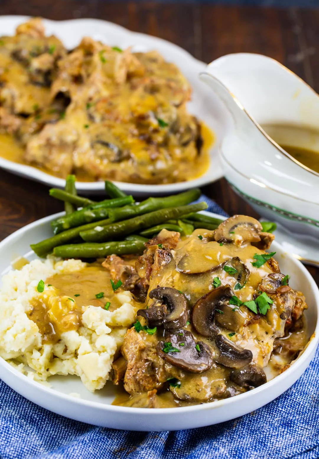 Mushroom and Onion Pork Chops on plate with mashed potatoes.