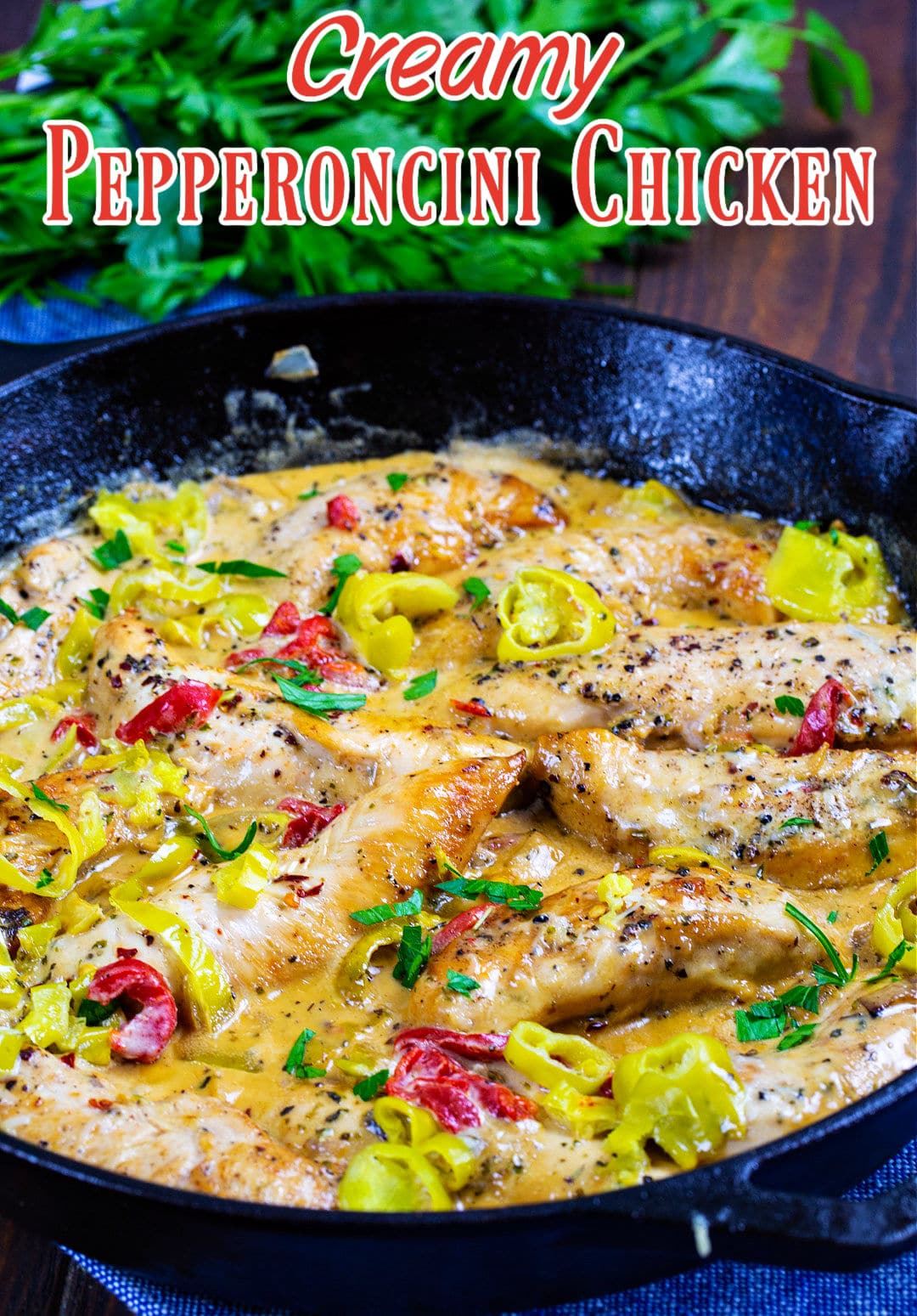 Creamy Pepperoncini Chicken in a skillet.