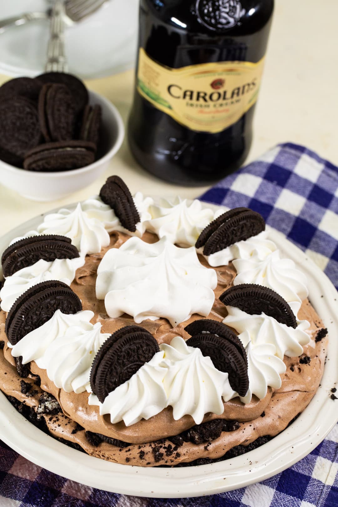 Baileys Chocolate Cream Pie in pie plate.