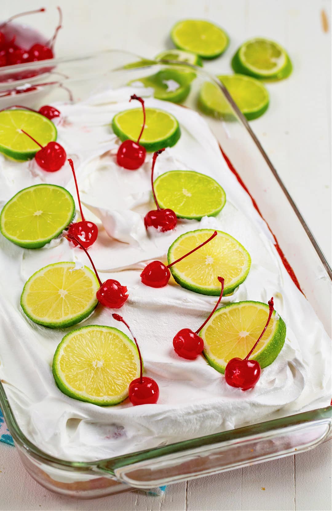 Poke cake in a 9x13-inch baking dish.