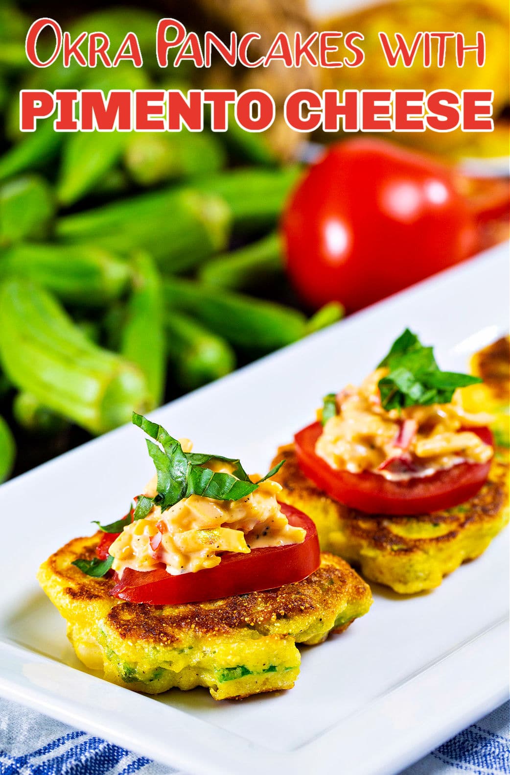 Appetizer pancakes with okra on a serving plate.