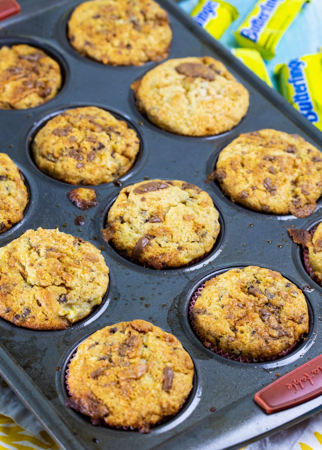 Baked muffins in a muffin tin.