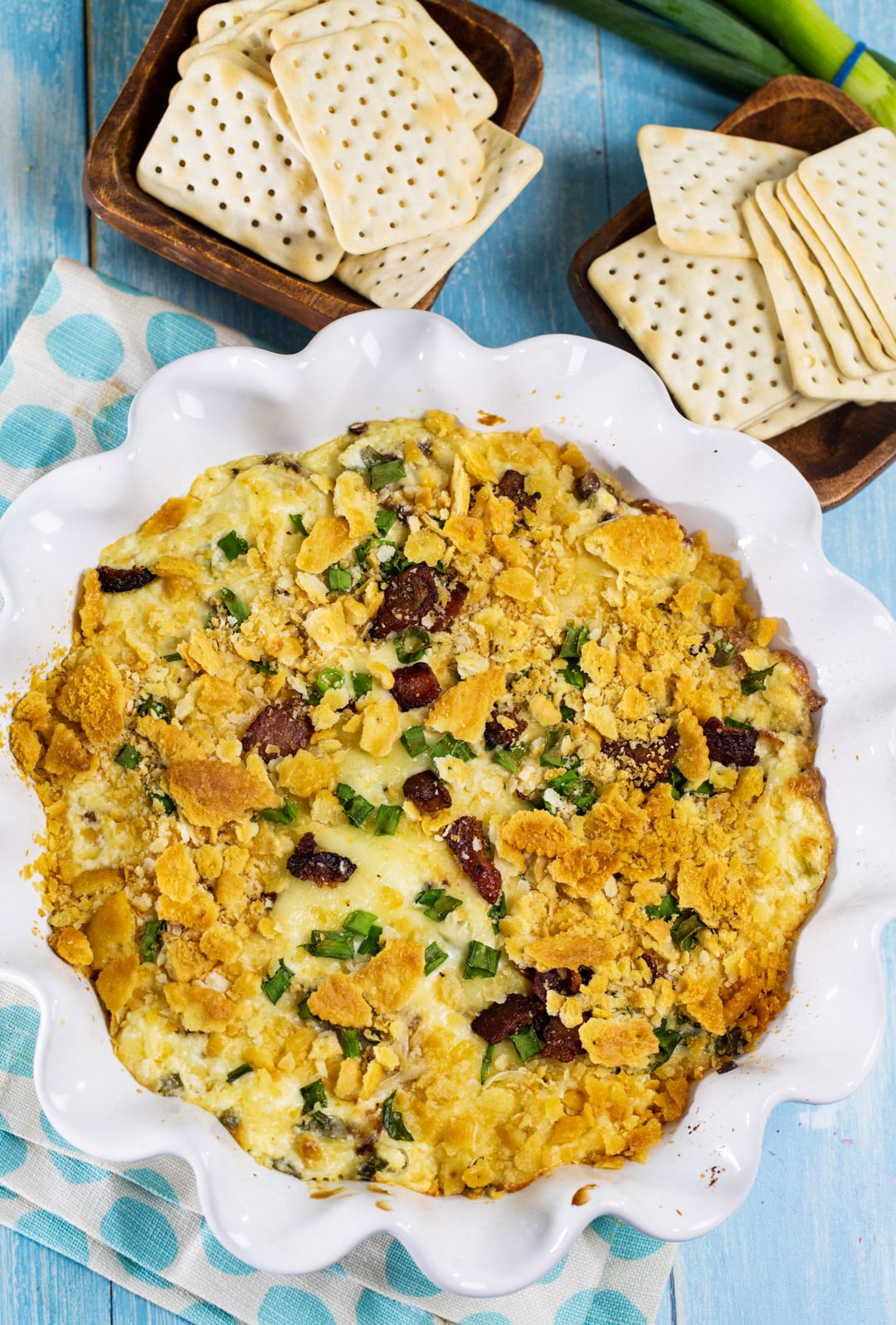 Bacon Swiss Dip surrounded by crackers.