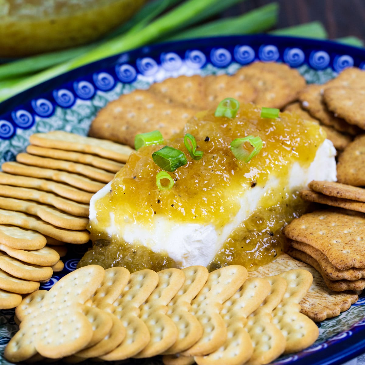 Jezebel Sauce over a block of cream cheese.