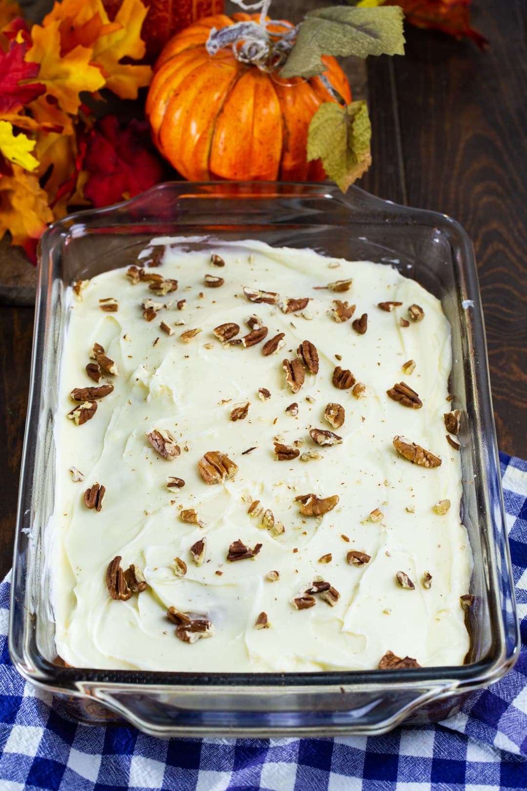 Whole cake in 9x13-inch baking dish.