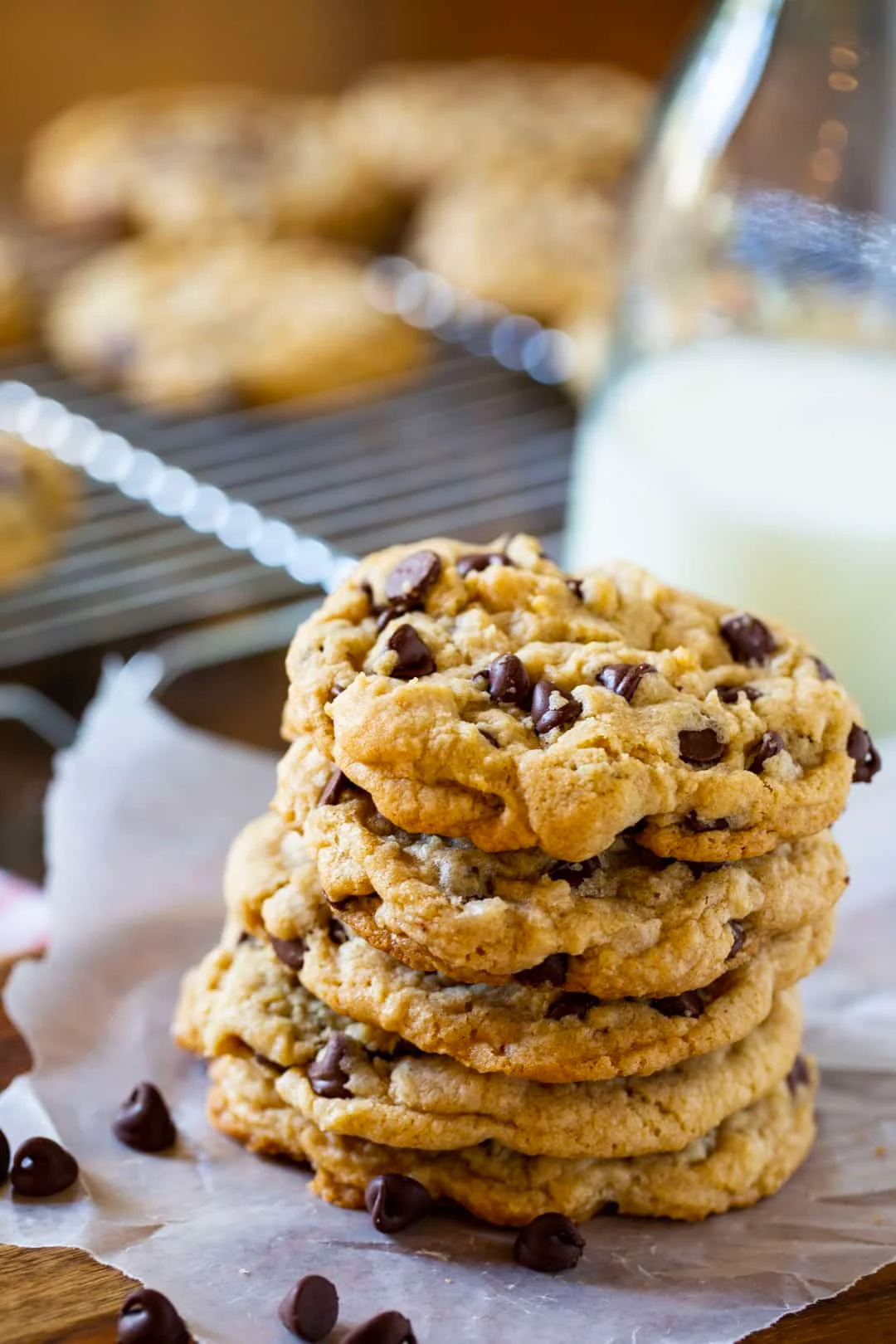 Stack of Chewy Chocolaste Chip Cookies.