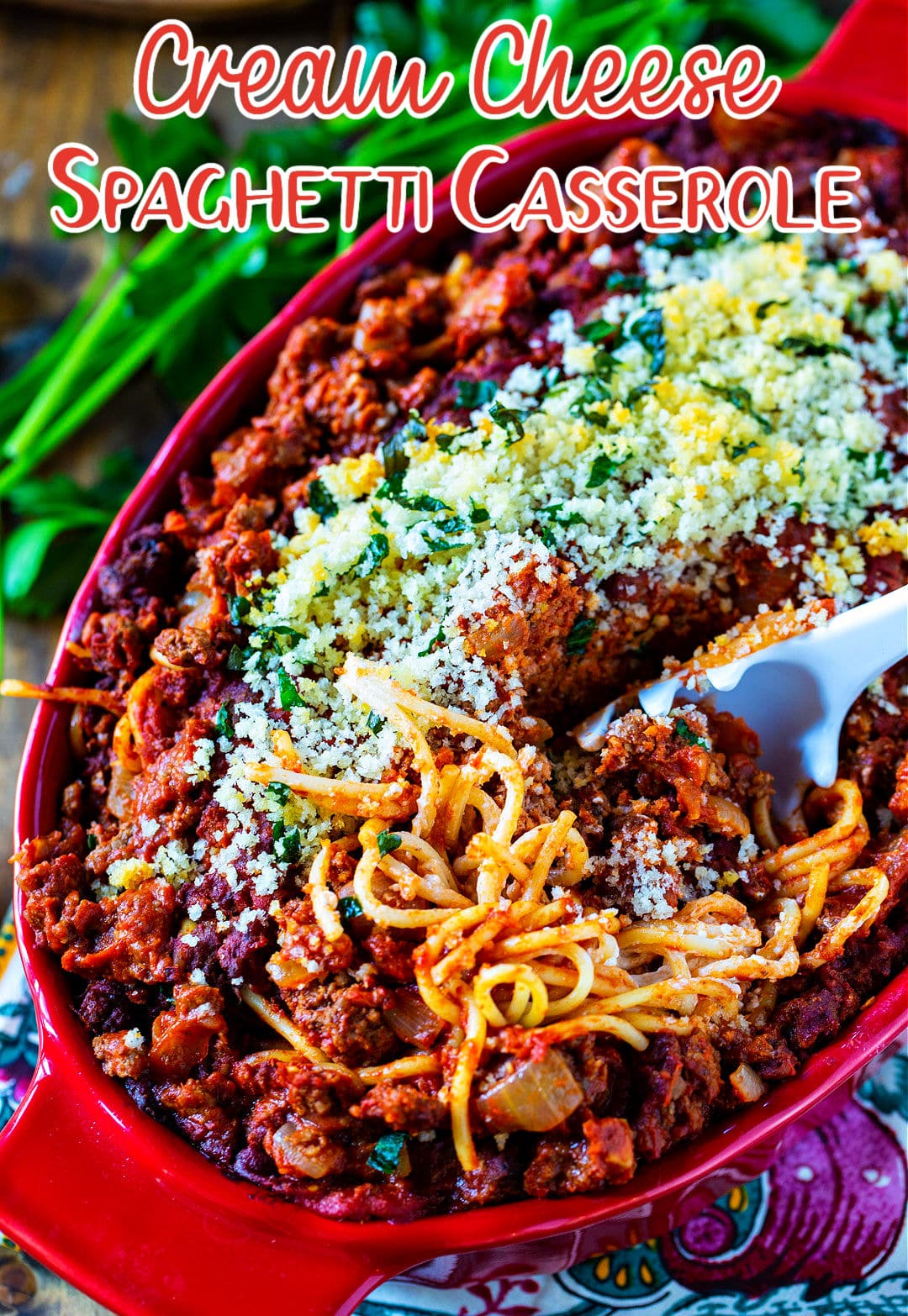Cream Cheese Spaghetti Casserole in a casserole dish.