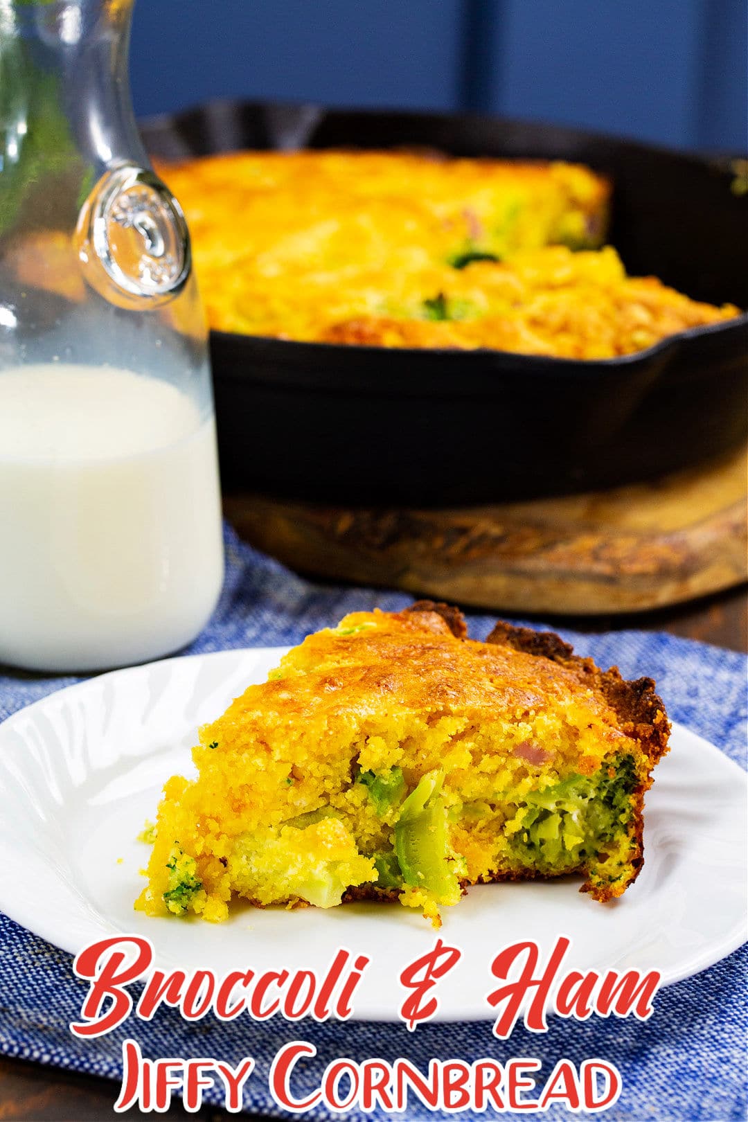 Slice of Broccoli and Ham Jiffy Cornbread on a plate.