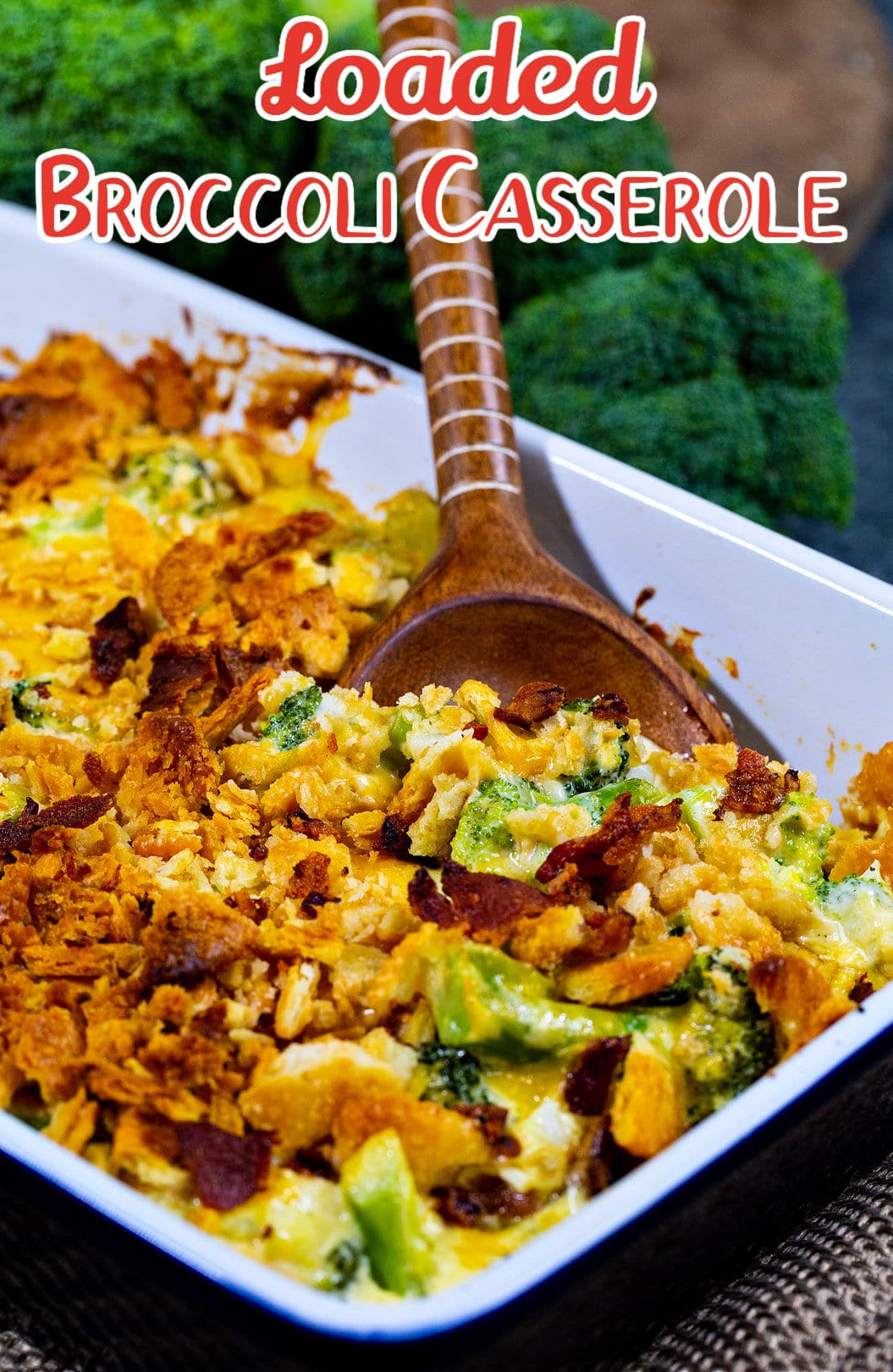 Broccoli Casserole with bacon in casserole dish.