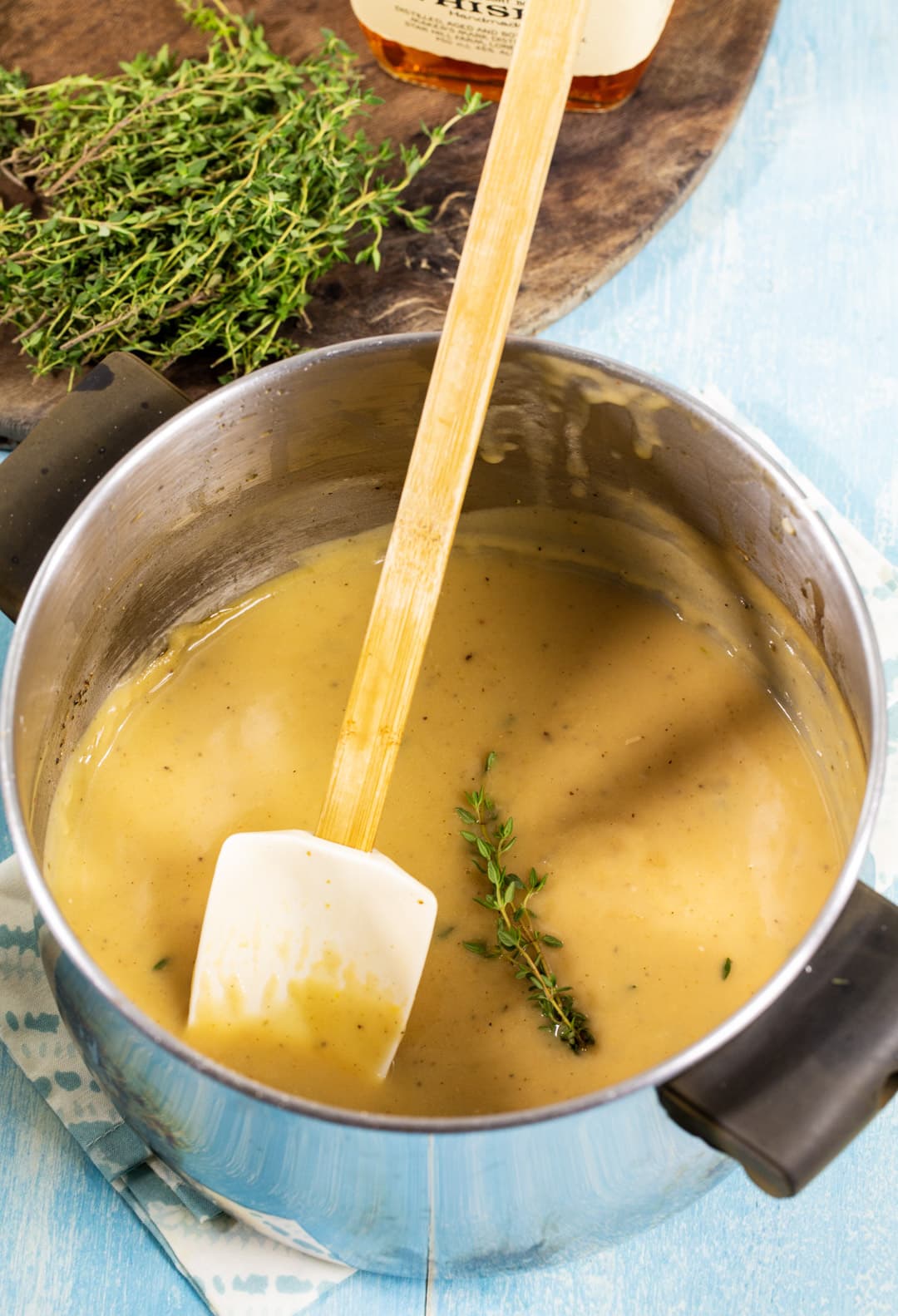 Gravy in a saucepan.