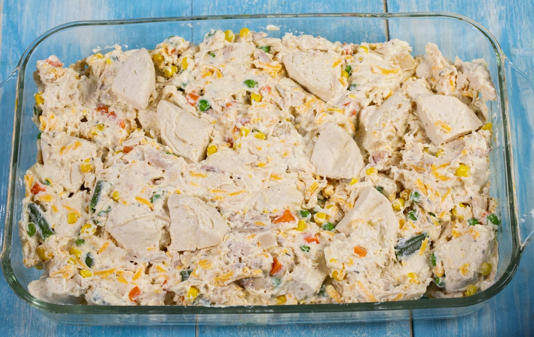Uncooked casserole in baking dish.