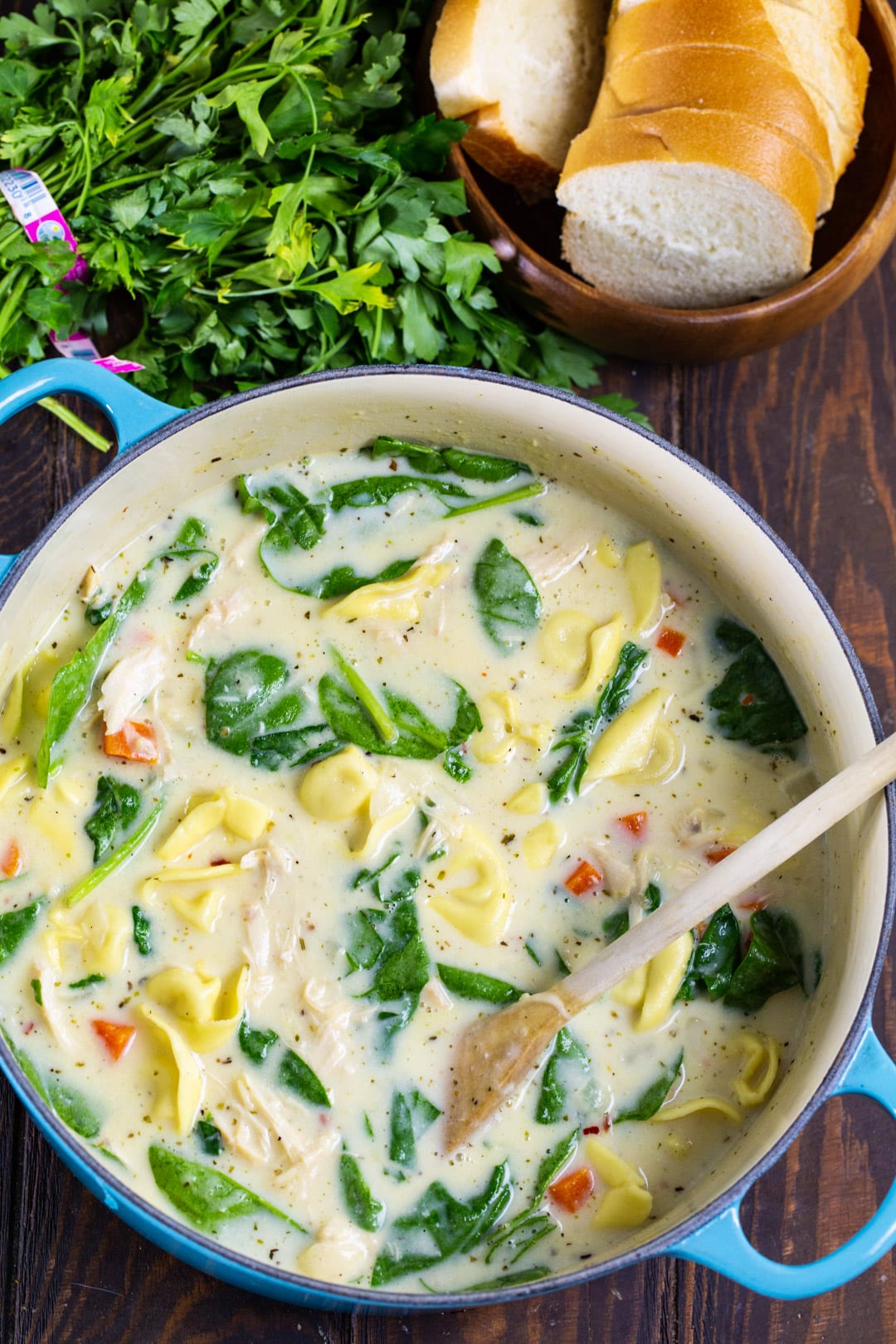 Tortellini Soup in a Dutch oven and small plate of fresh breand.