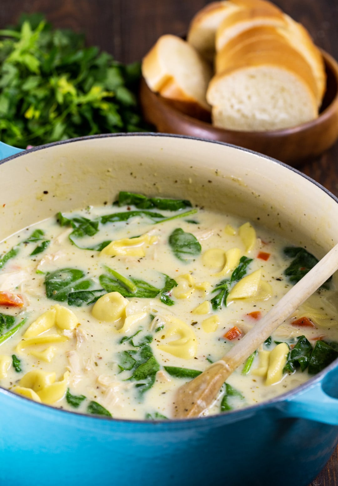Chicken Alfredo Tortellini Soup in Dutch oven.