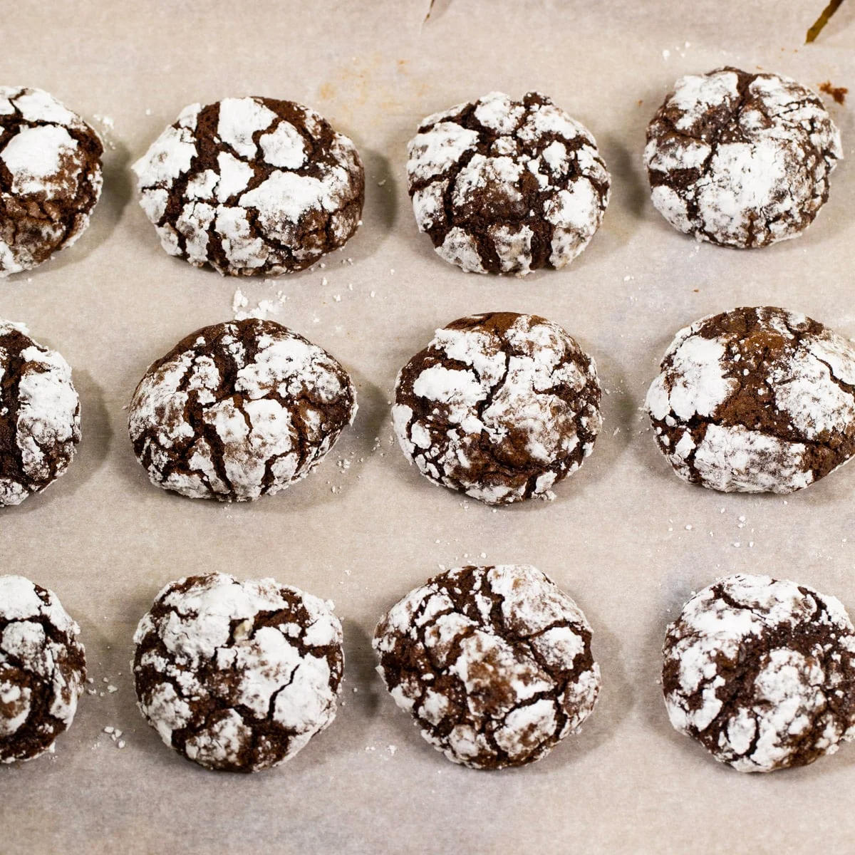 Chocolate Peppermint Crinkle Cookies on baking sheet.