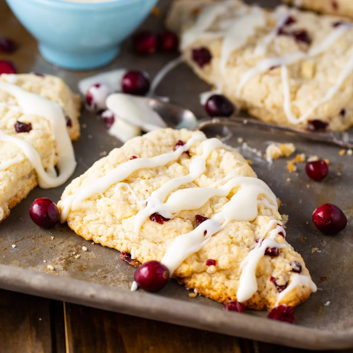Cranberry-White Chocolate Scones on a baking sheet.