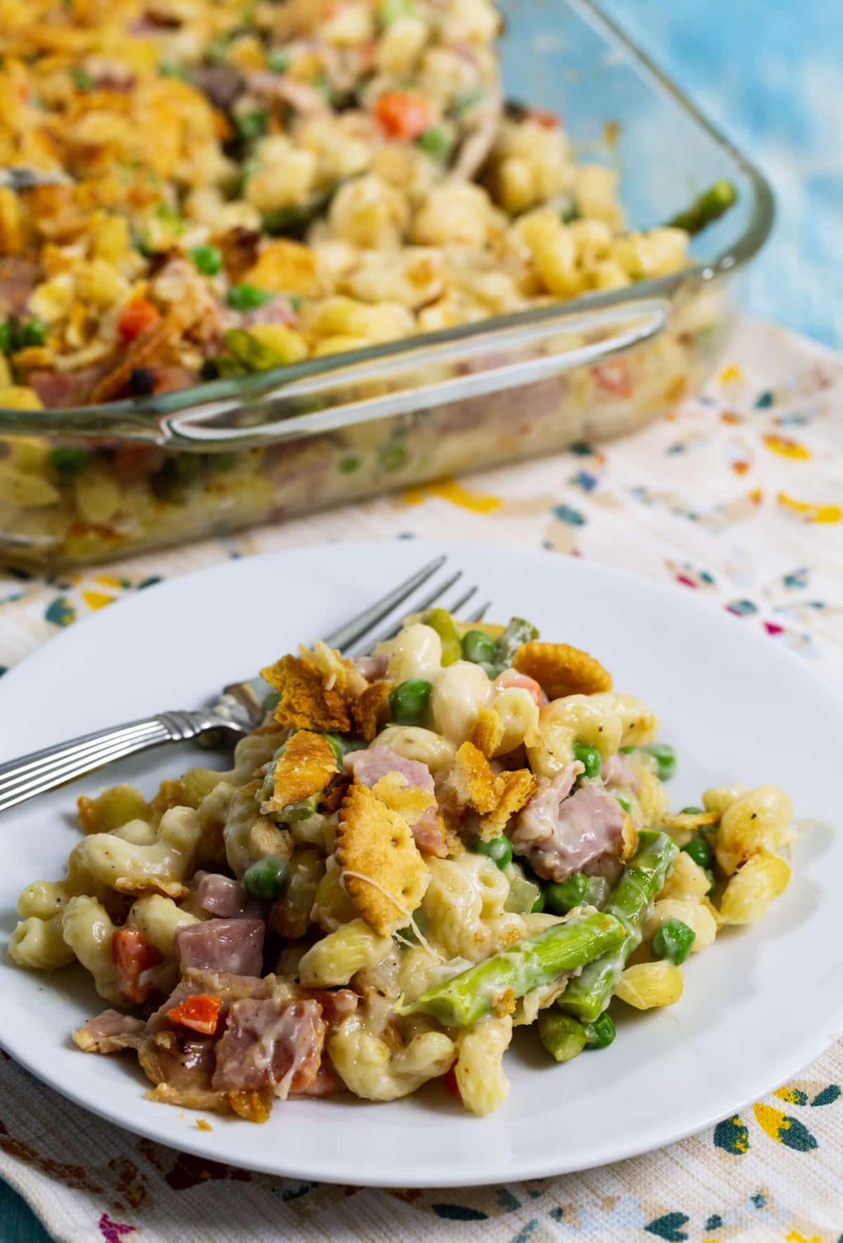 Ham and Asparagus Casserole dished up on plate.
