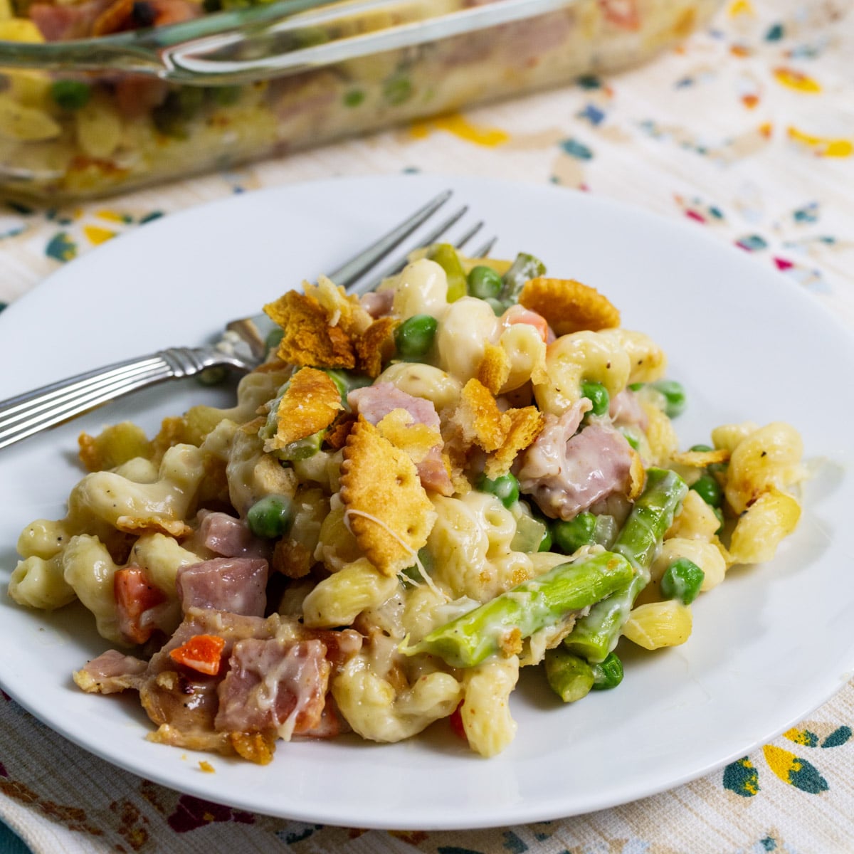 Ham and Asparagus Casserole dished up on a plate.