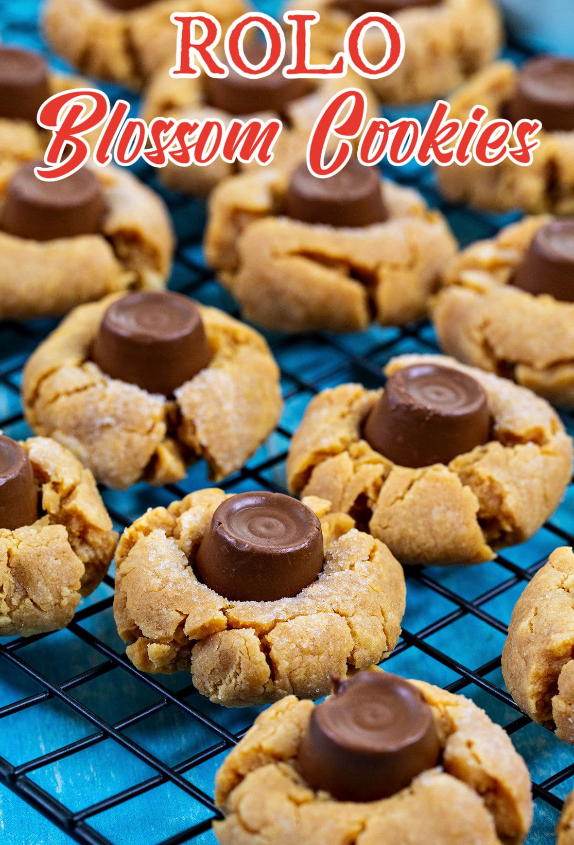 Rolo Blossom Cookies on cooling rack.