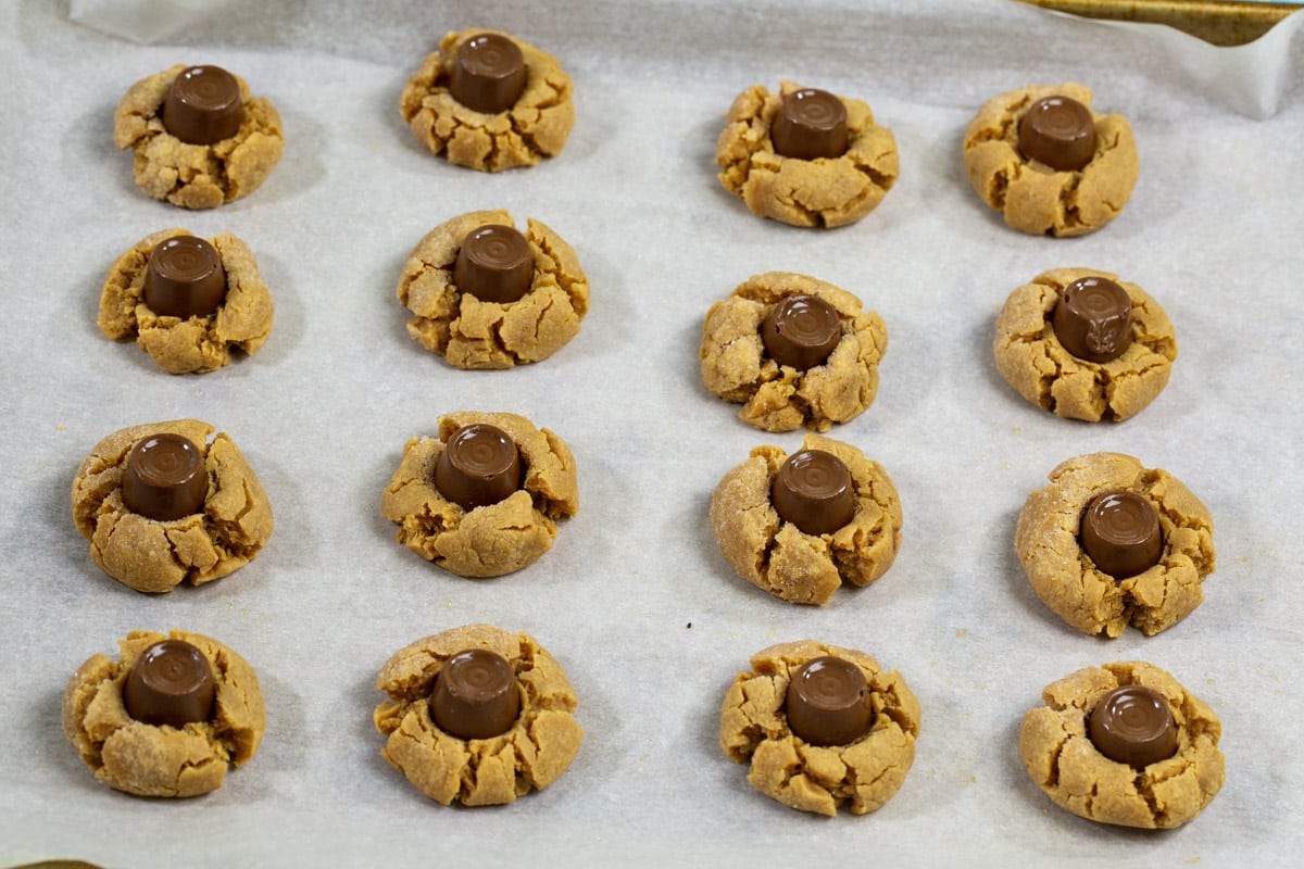 Rolo candies pressed into dough.