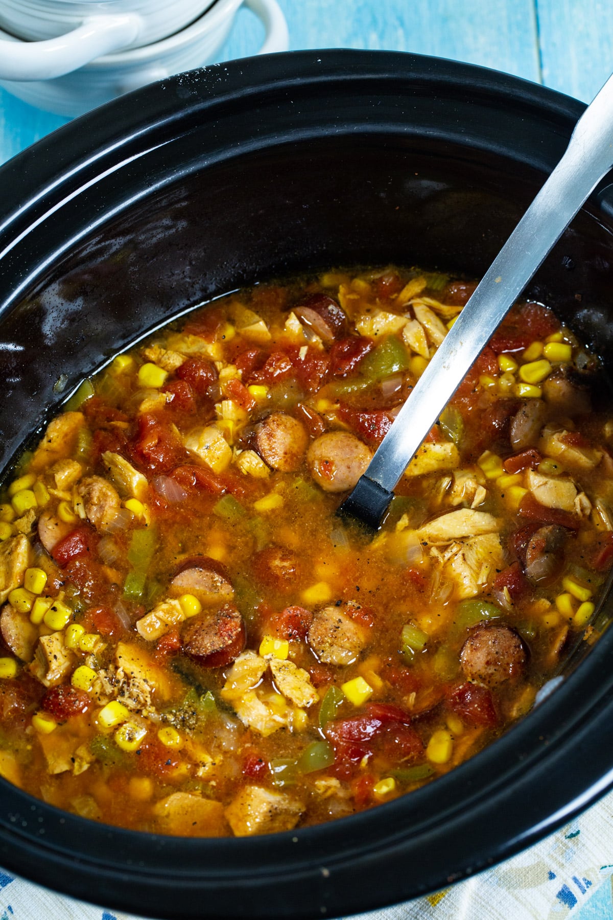 Slow Cooker Cajun Turkey Soup in crockpot.