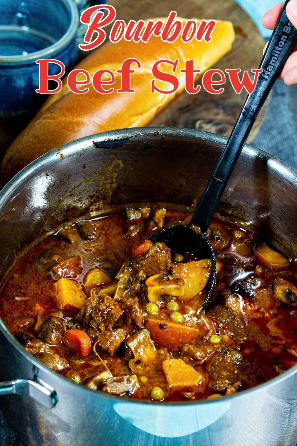 Spoon lifting Bourbon Beef Stew out of pot.