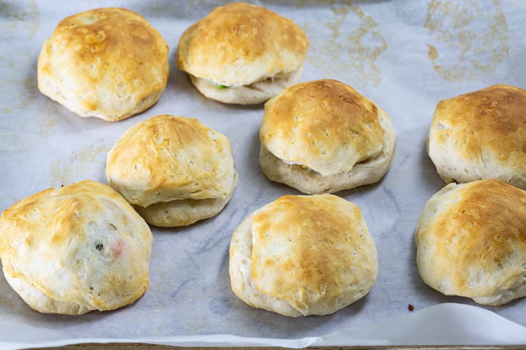 Chicken Pot Pie Biscuits on baking sheet.