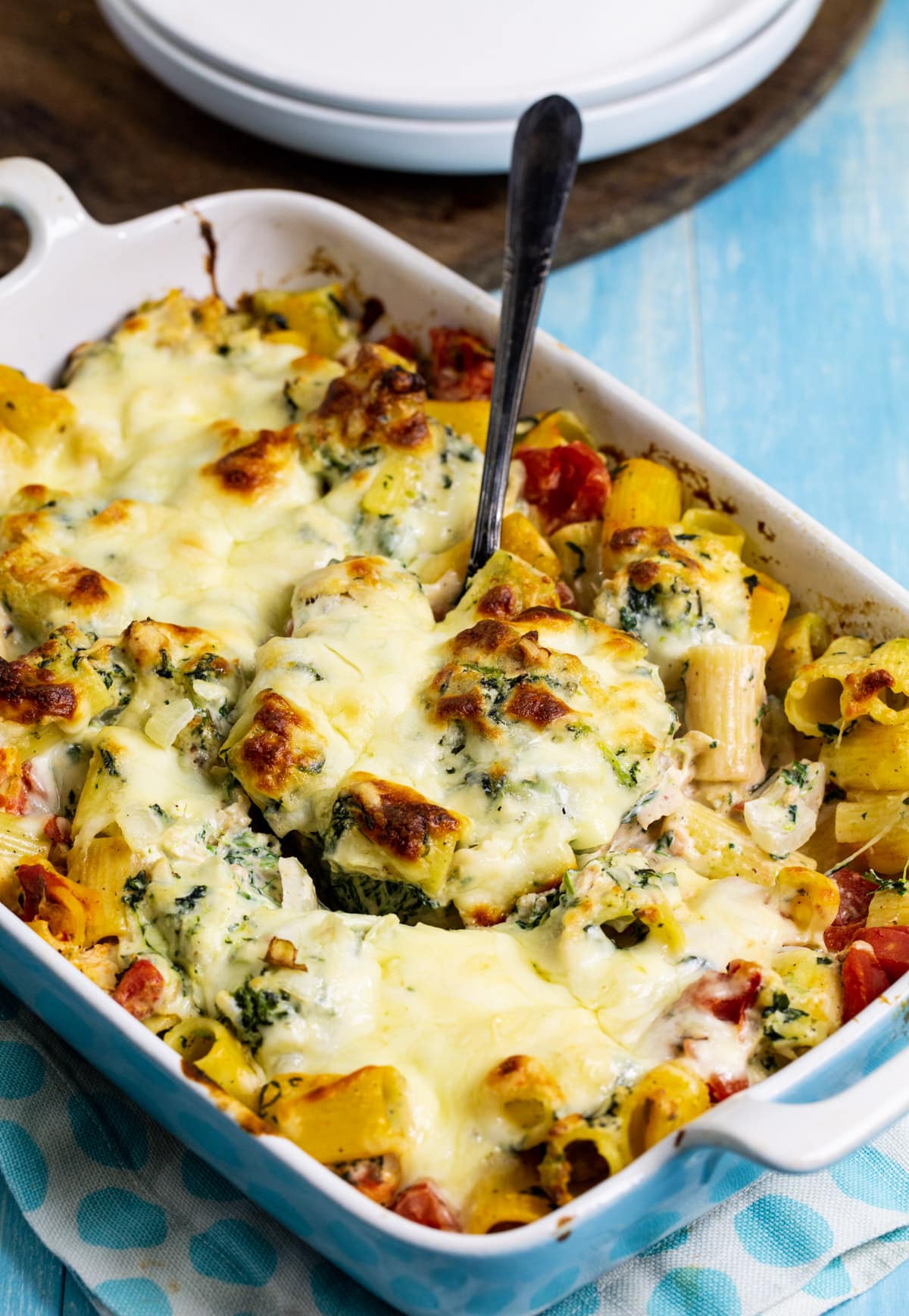 Chicken Spinach Rigatoni in baking dish.
