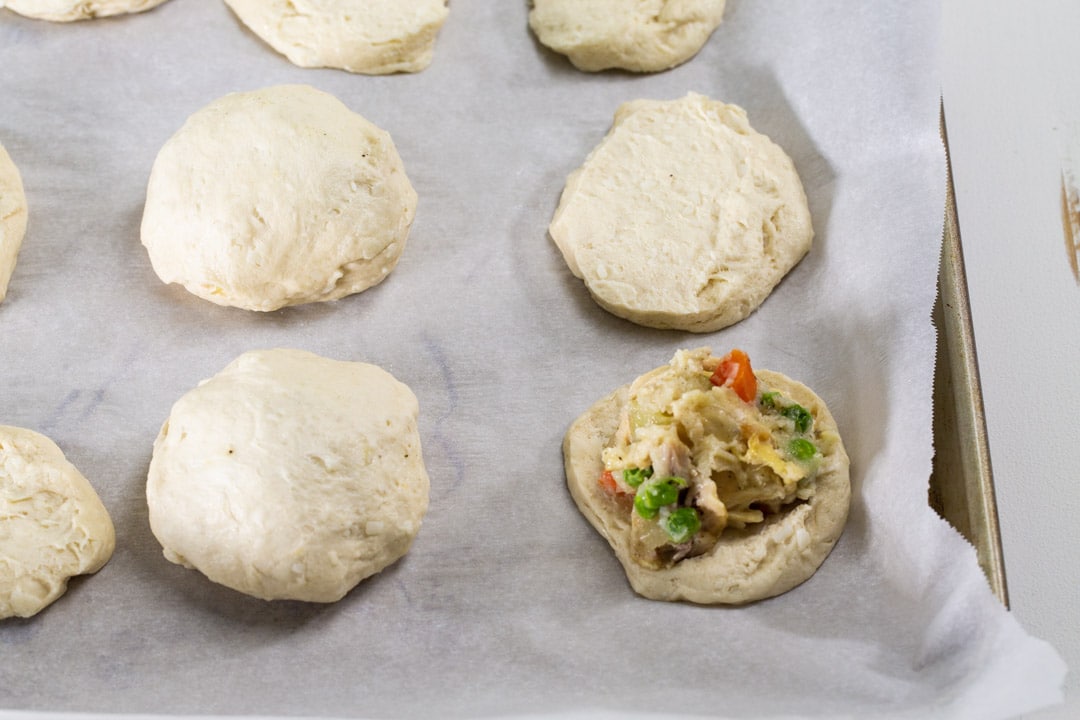 Biscuits being assembled.
