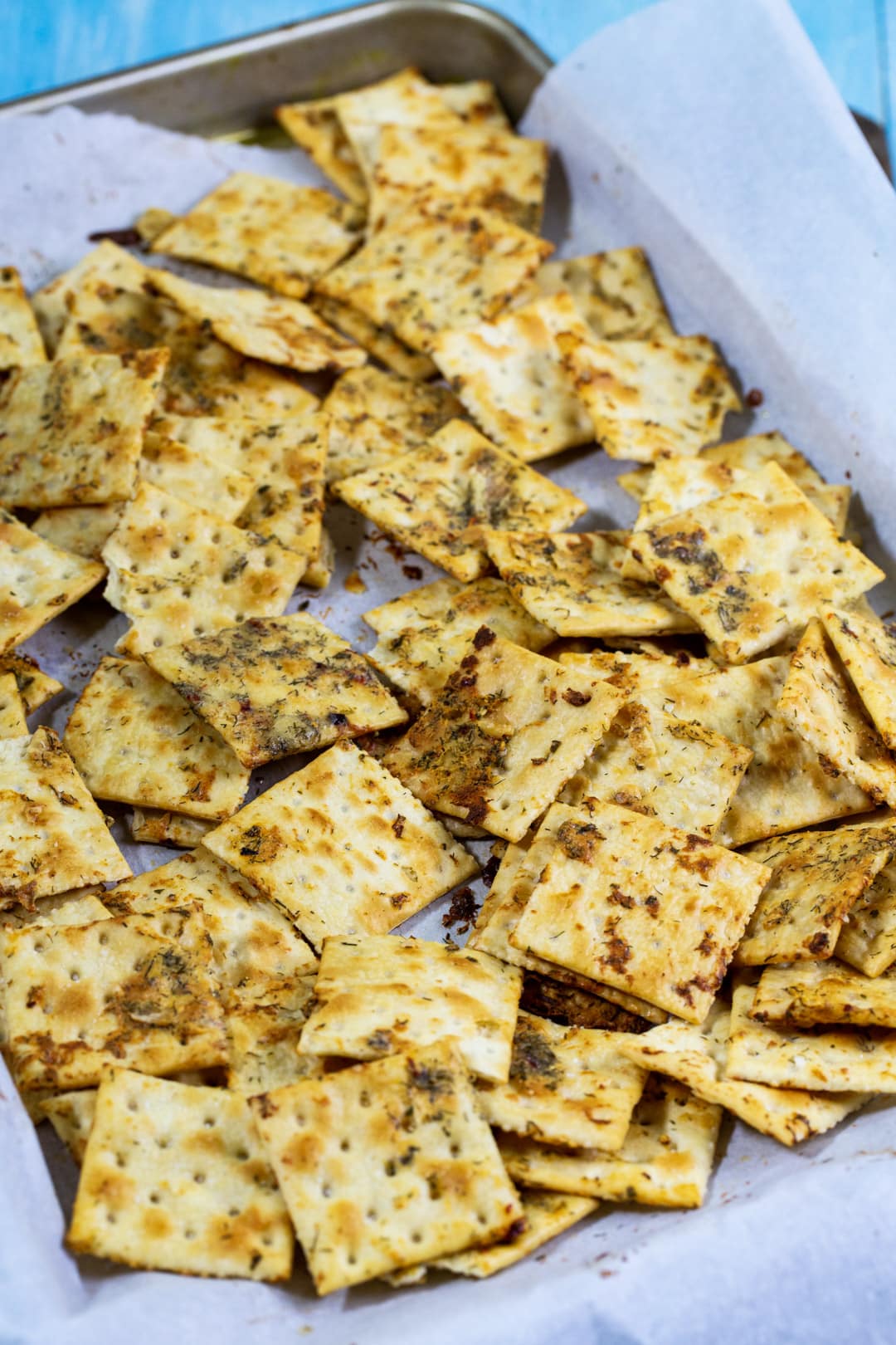 Baked crackers on baking sheet.