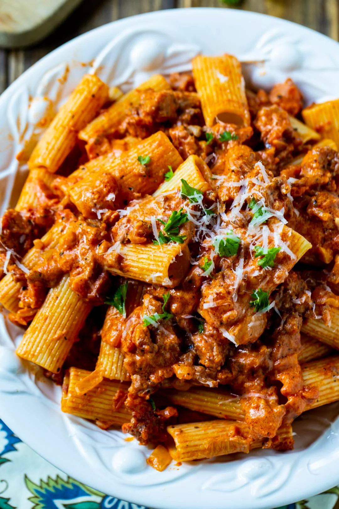 Close-up of Italian Sausage Rigatoni with Spicy Cream Sauce.