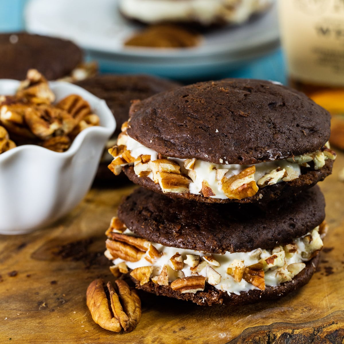 Two Whiskey Whoopie Pies stacked on top of each other.
