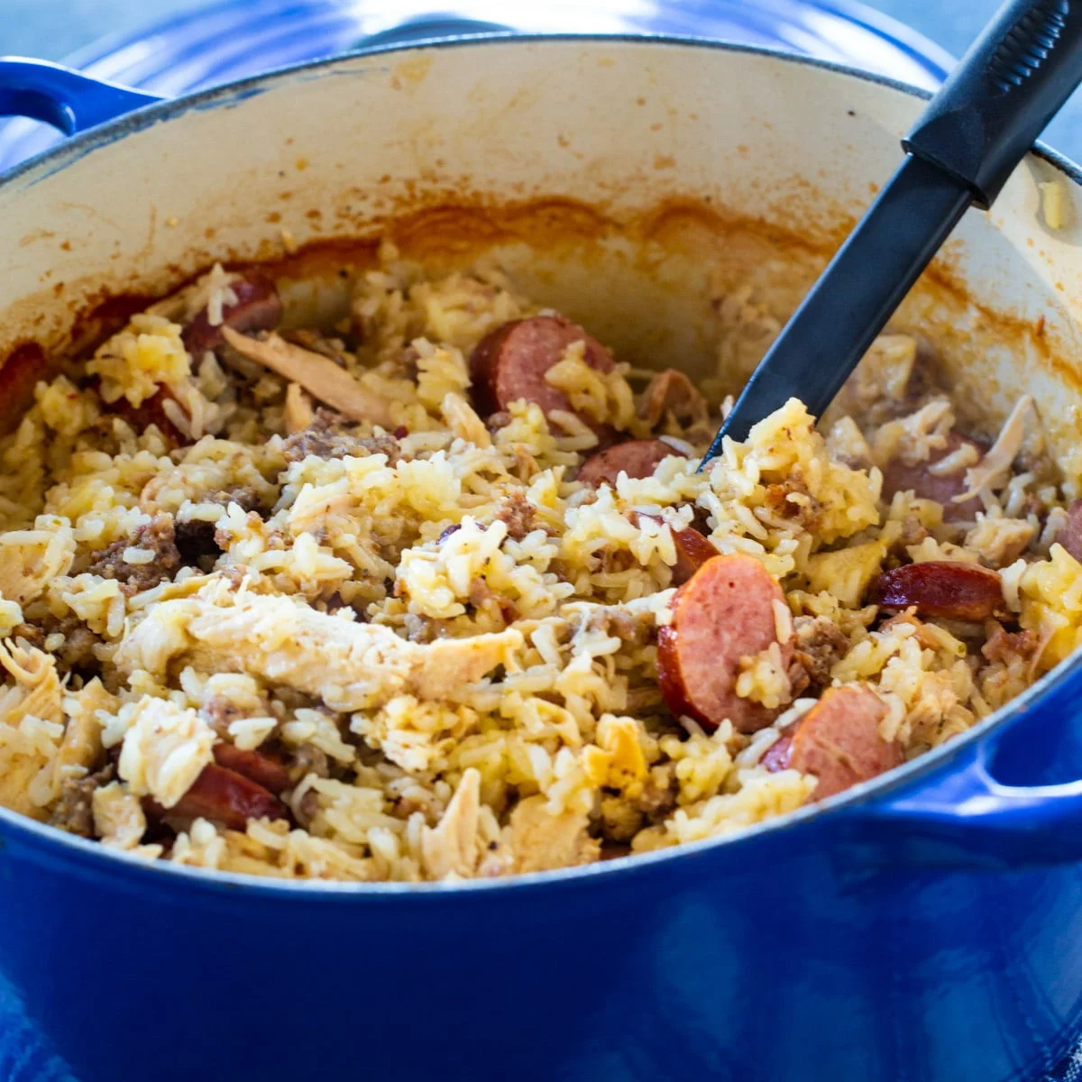 Creamy Chicken Bog in a Dutch oven.