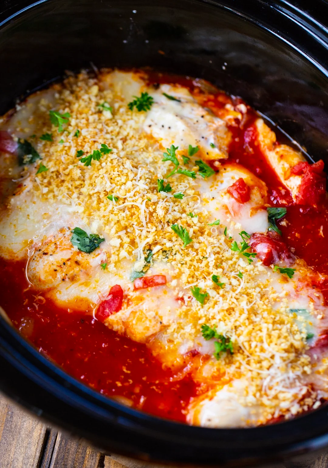 Chicken Parmesan in a slow cooker.