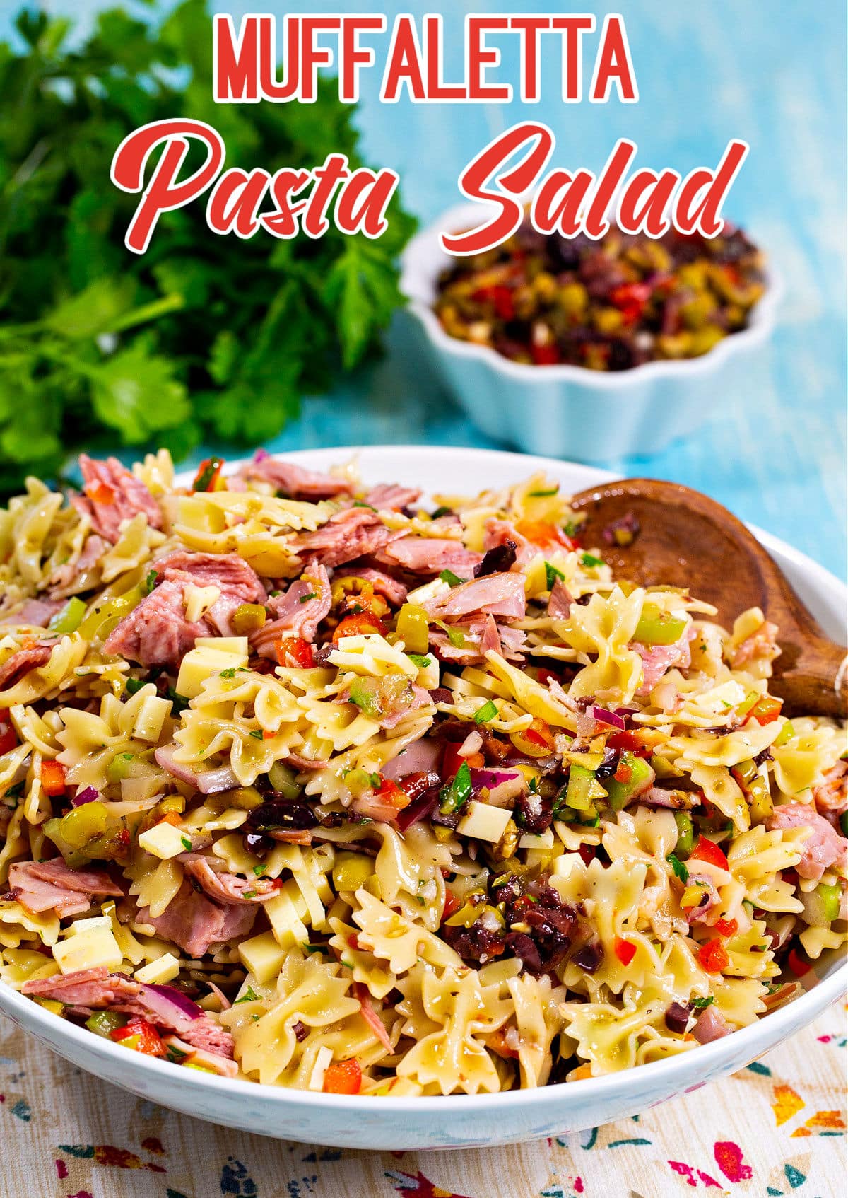 Muffaletta Pasta Salad in serving bowl.
