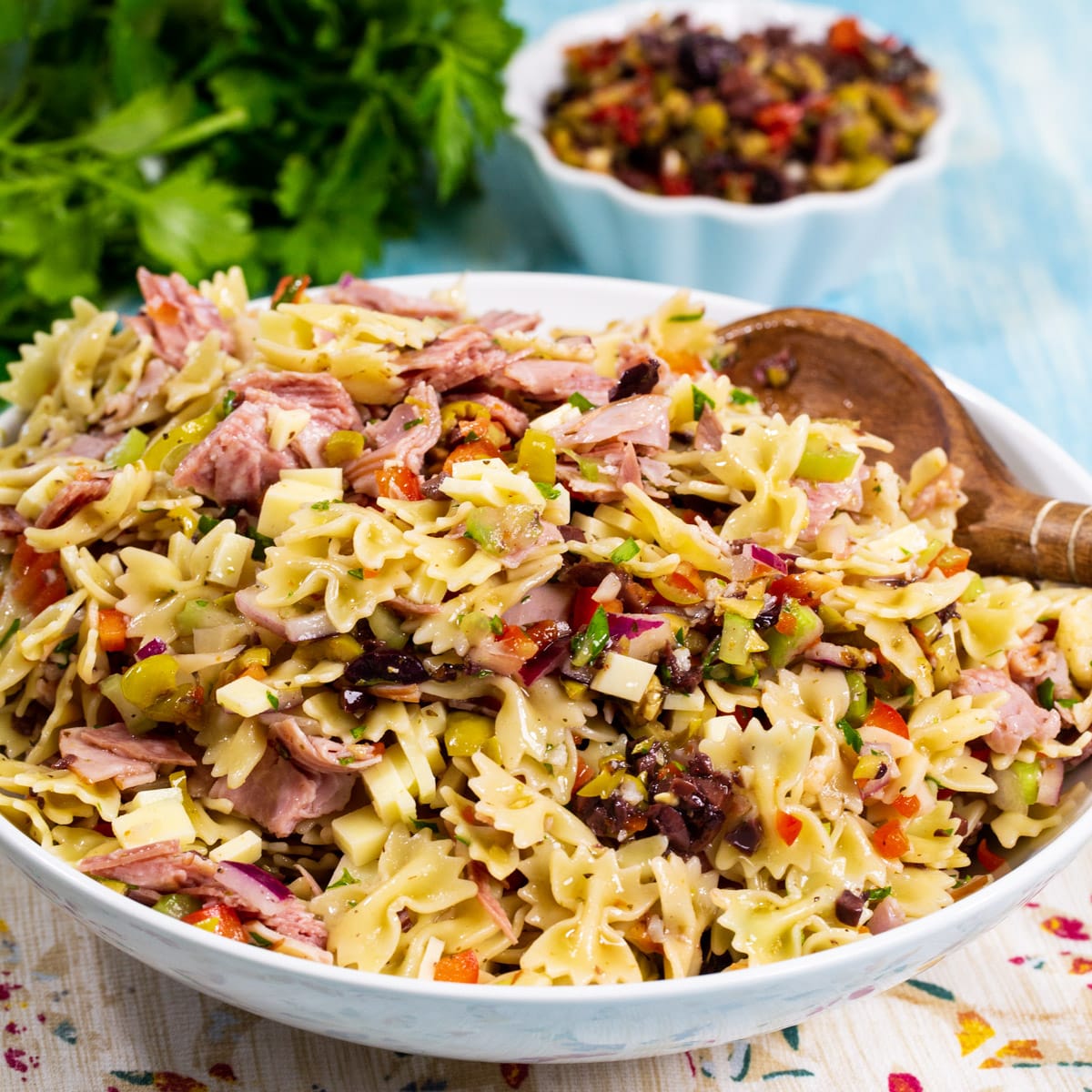 Muffaletta Pasta Salad in a bowl.