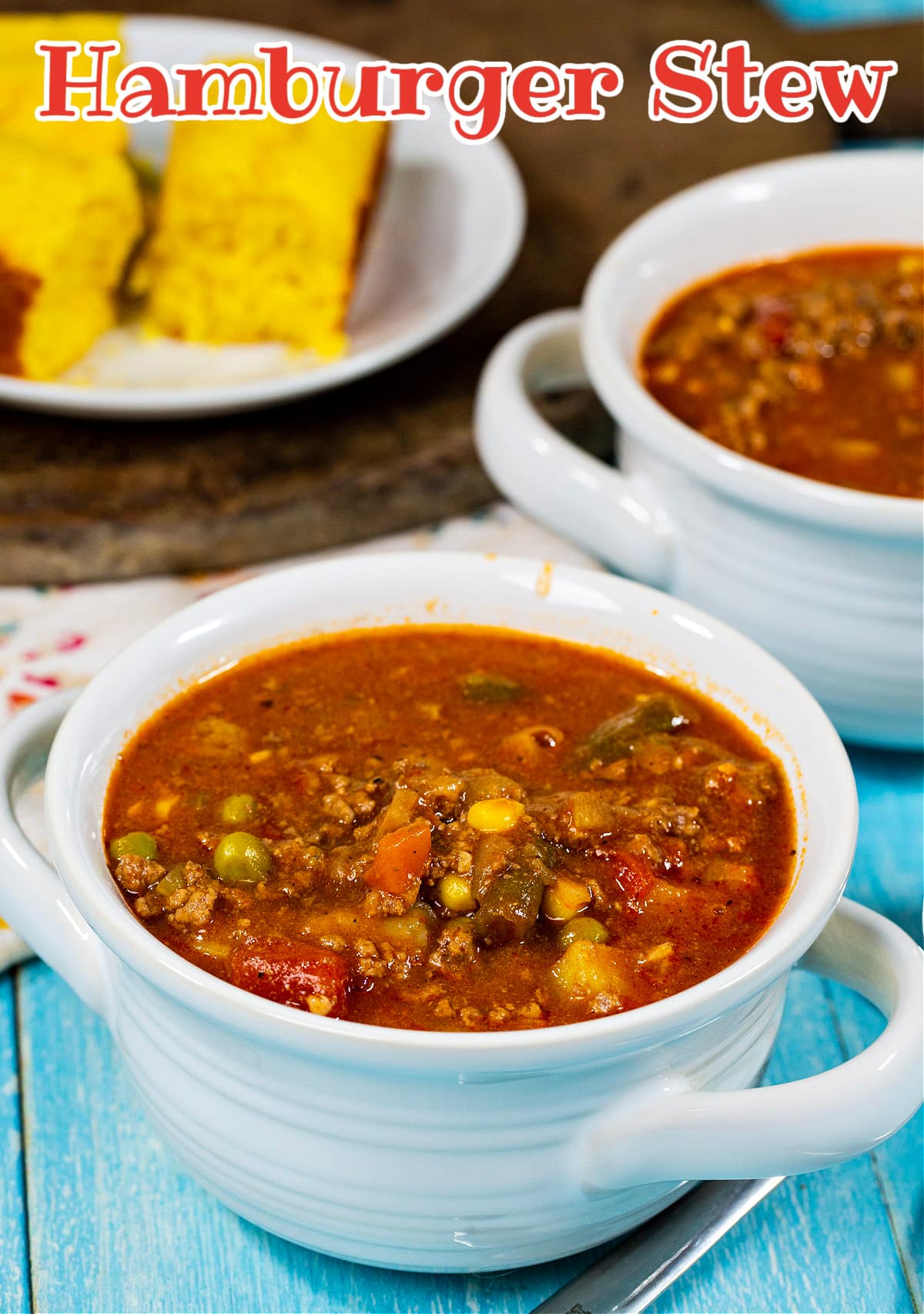 Hamburger Stew in soup bowls.