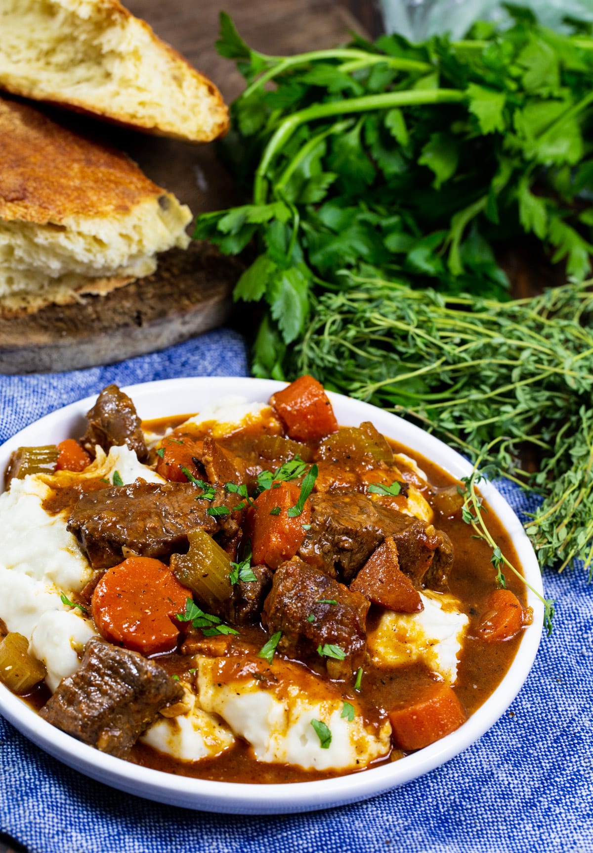 Irish Guinness Beef Stew over mashed potatoes.