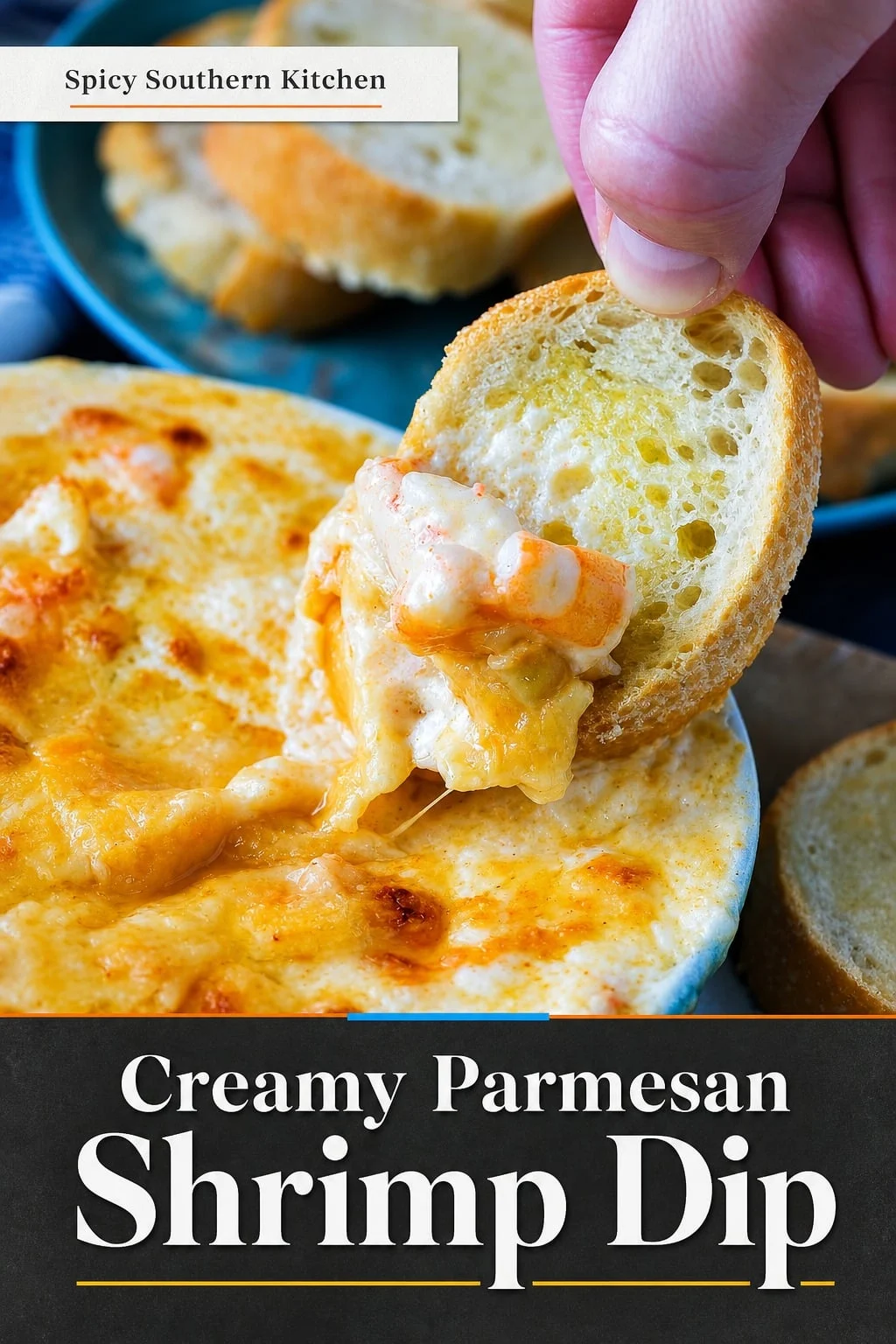 Baguette slice scooping up parmesan shrimp dip.