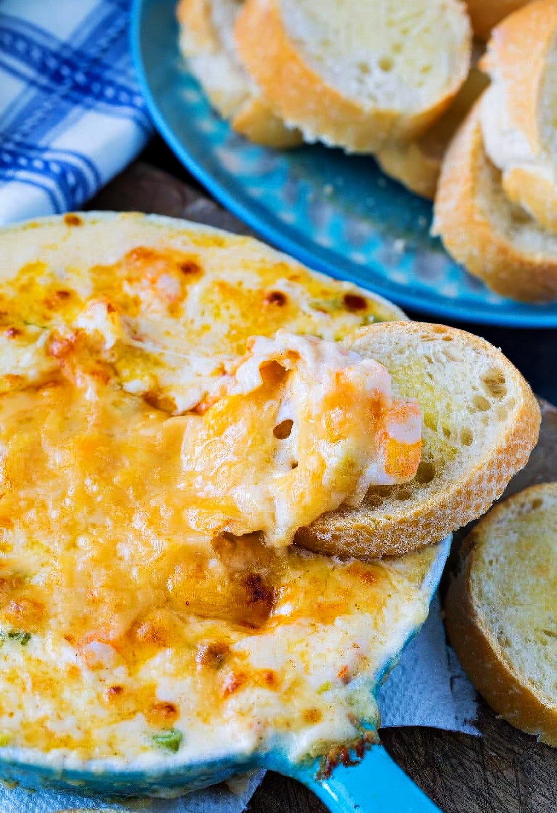 Creamy Parmesan Shrimp Dip in a baking dish.